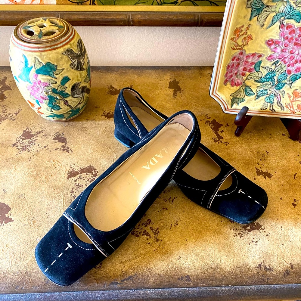 Prada Black Suede Square-Toe Flats with Contrast Stitching